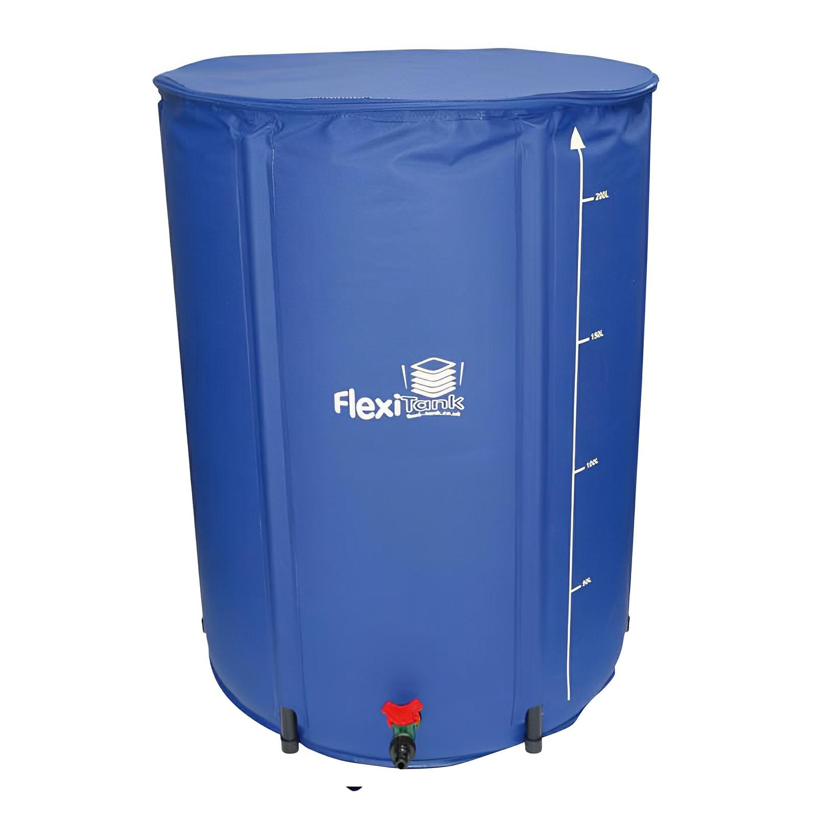Blue collapsible FlexiTank water reservoir for hydroponic systems, featuring a graduated level gauge and bottom tap.
