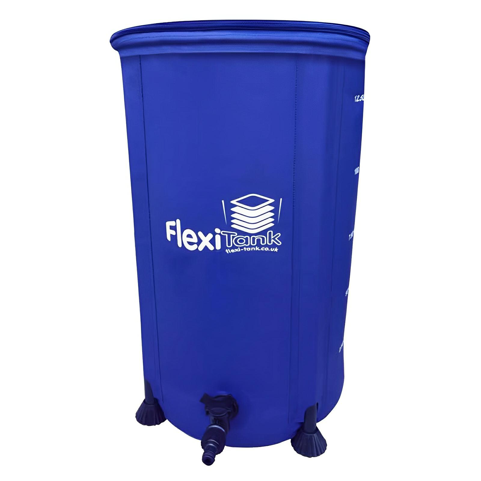 Blue, cylindrical FlexiTank water reservoir for the AutoPot hydroponic system, featuring a tap and white branding.