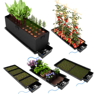 AutoPot Tray2Grow black plastic irrigation trays, showcasing various setups for self-watering plants, herbs, and seedlings.