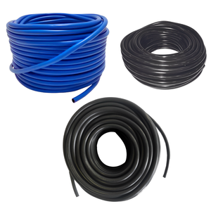 Coils of blue and black AutoPot hydroponic tubing for irrigation systems, isolated on a white background.