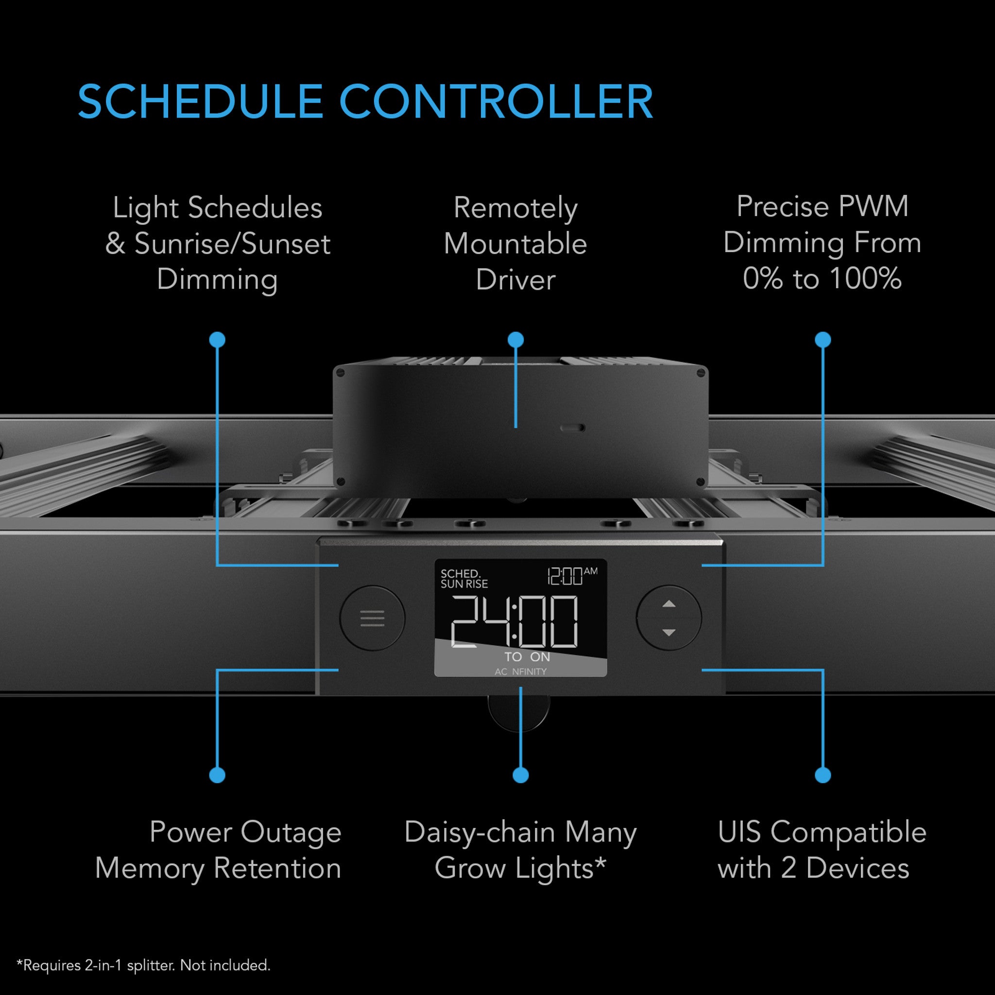 Black AC Infinity LED grow light controller with digital display, showing features like scheduling, dimming, and daisy-chaining.