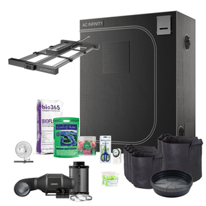 AC Infinity 2x4 grow tent kit featuring an IONFRAME LED light, ventilation system, fabric pots, and indoor gardening supplies.