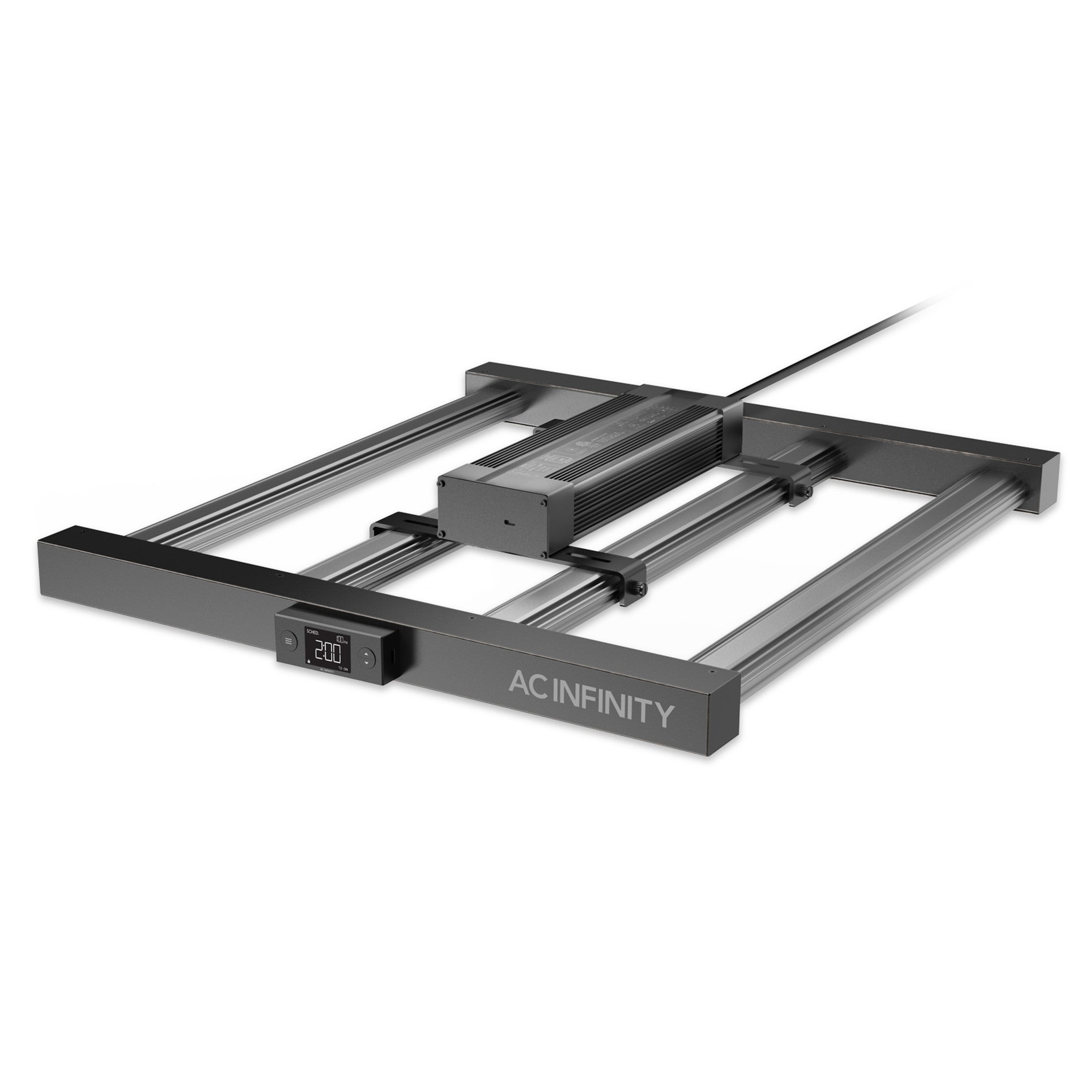 AC Infinity IONFRAME EVO4 LED grow light with a square, black metal bar design and integrated digital power controller.