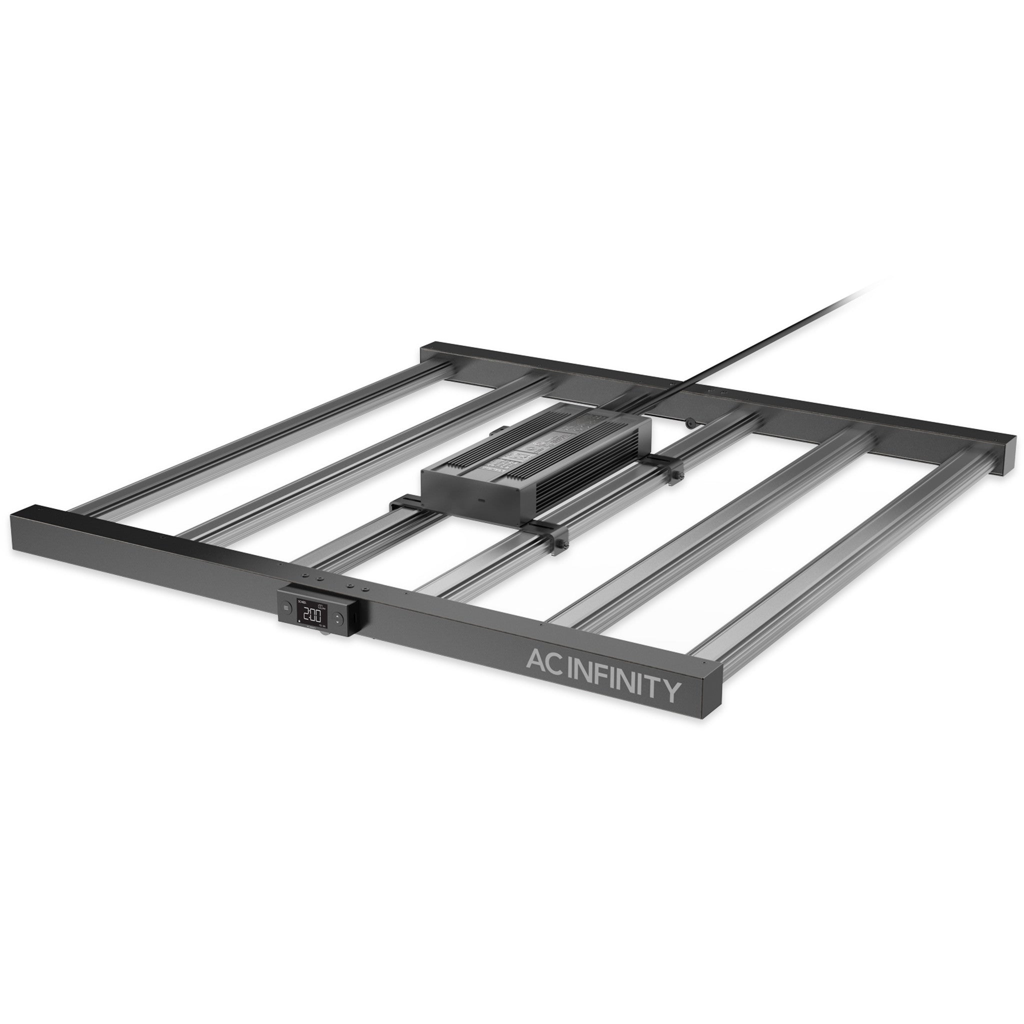 AC Infinity IONFRAME EVO6, a rectangular black metal LED grow light fixture for hydroponic indoor gardening.