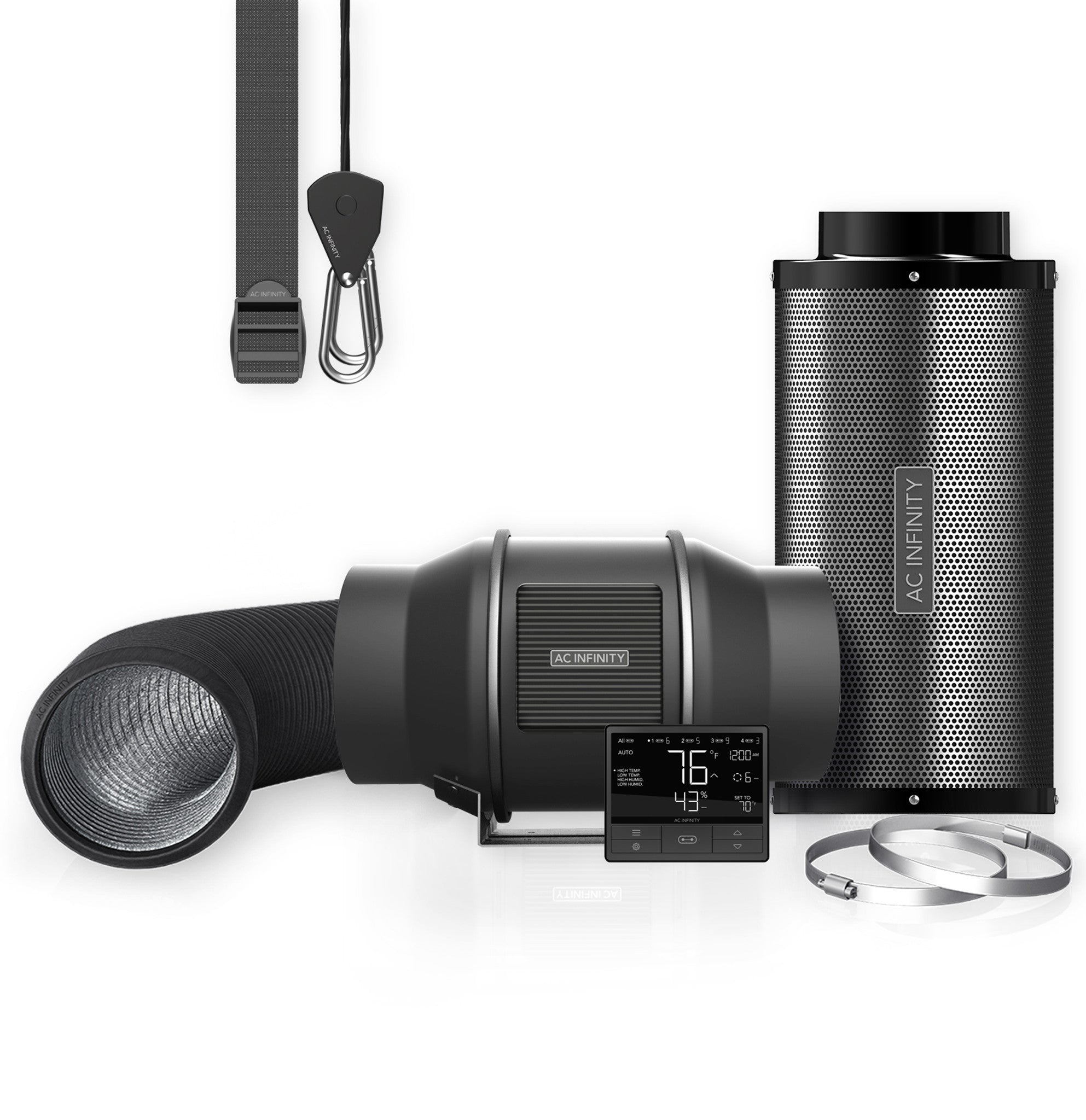 AC Infinity indoor grow ventilation kit with carbon filter, inline duct fan, digital controller, and hanging straps.