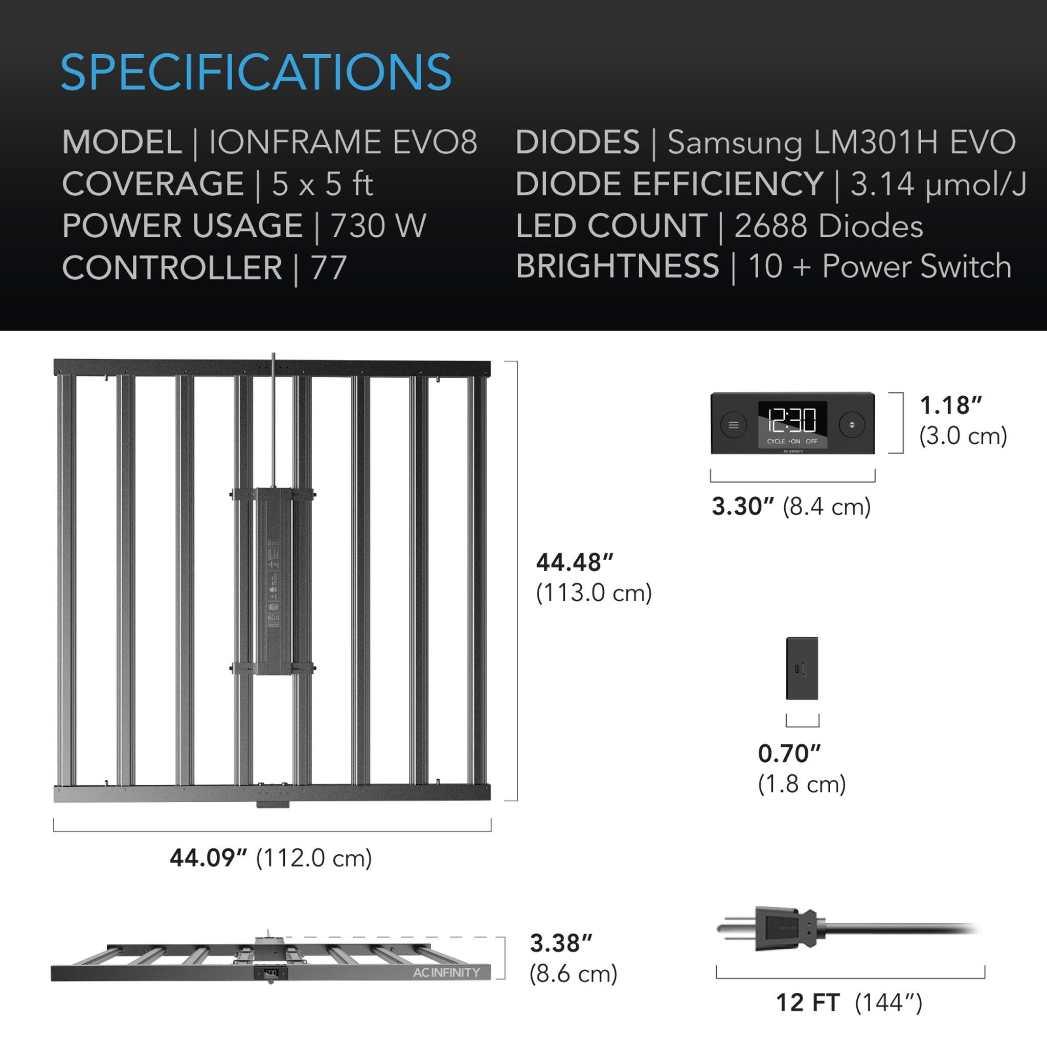AC Infinity IONFRAME EVO8 LED grow light specifications diagram showing physical dimensions, controller, and cord details.