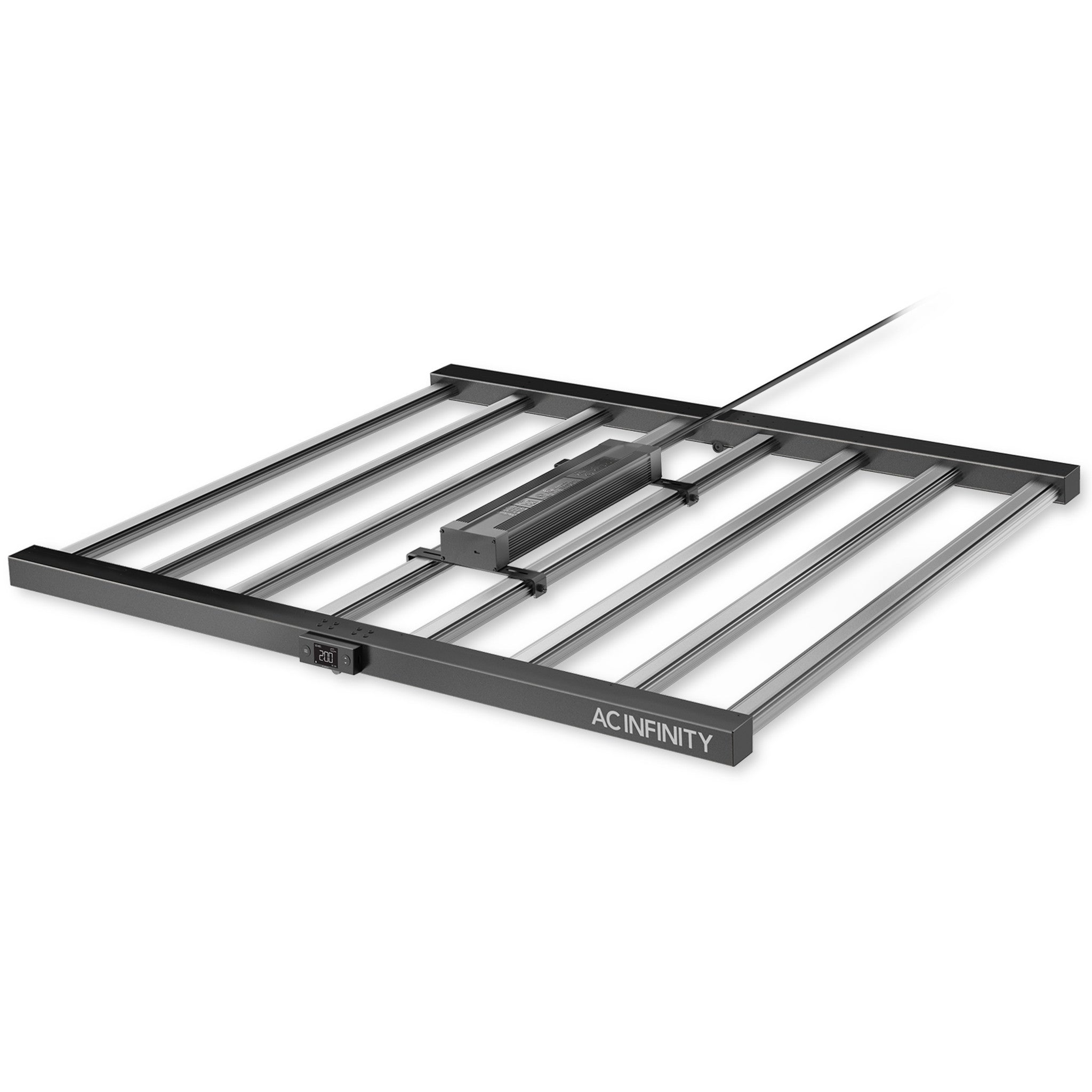 AC Infinity IONFRAME EVO8 square LED grow light with black metal frame and central driver for indoor plant cultivation.