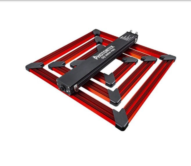 Photontek grow light with black driver housing and square, red-anodized aluminum LED bars on a white background.
