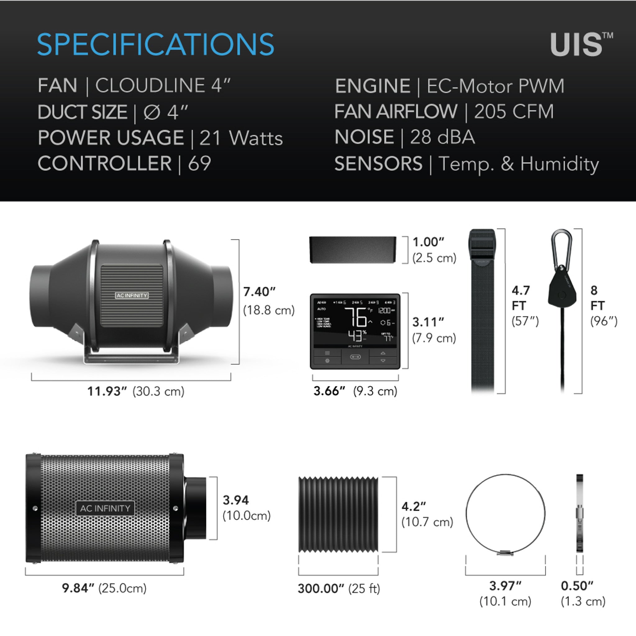 Specifications for AC Infinity Cloudline 4-inch hydroponic ventilation fan, controller, filter, and ducting parts.