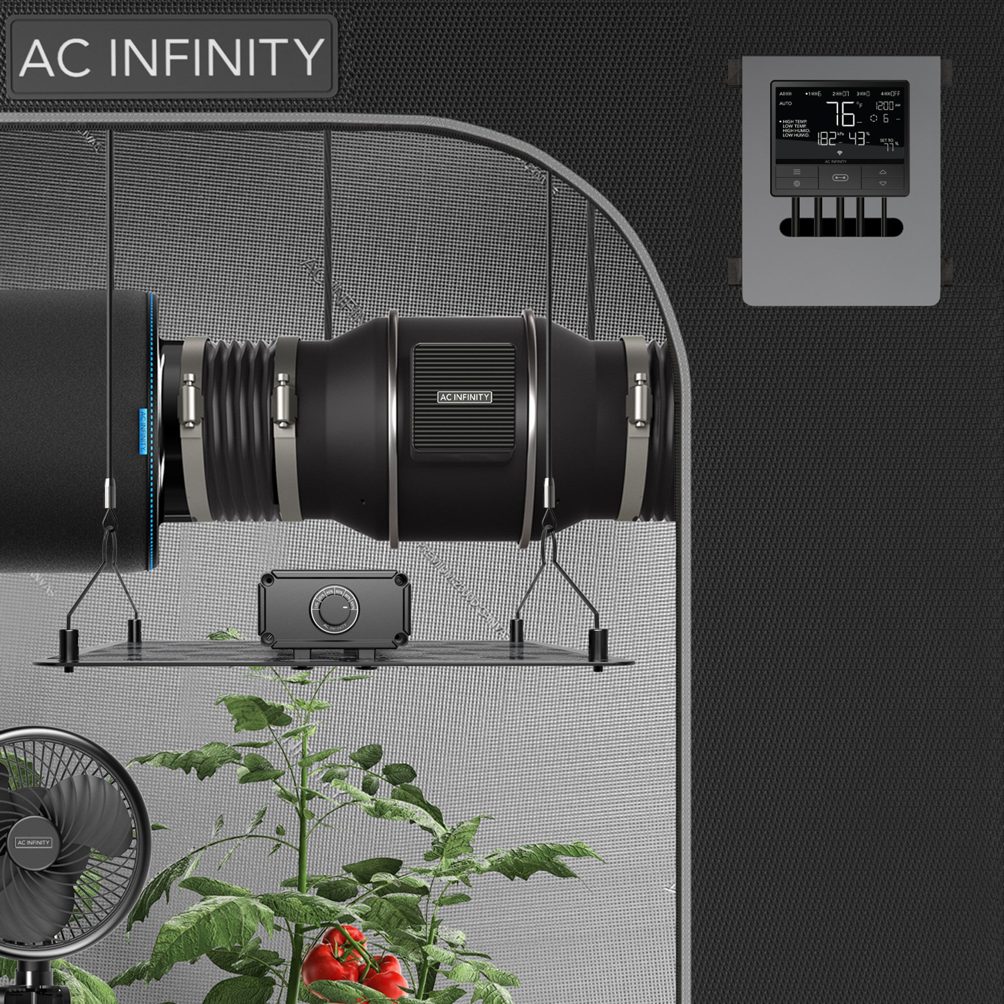 AC Infinity grow tent kit featuring black ventilation fans, digital climate controller, and a plant under LED lighting.
