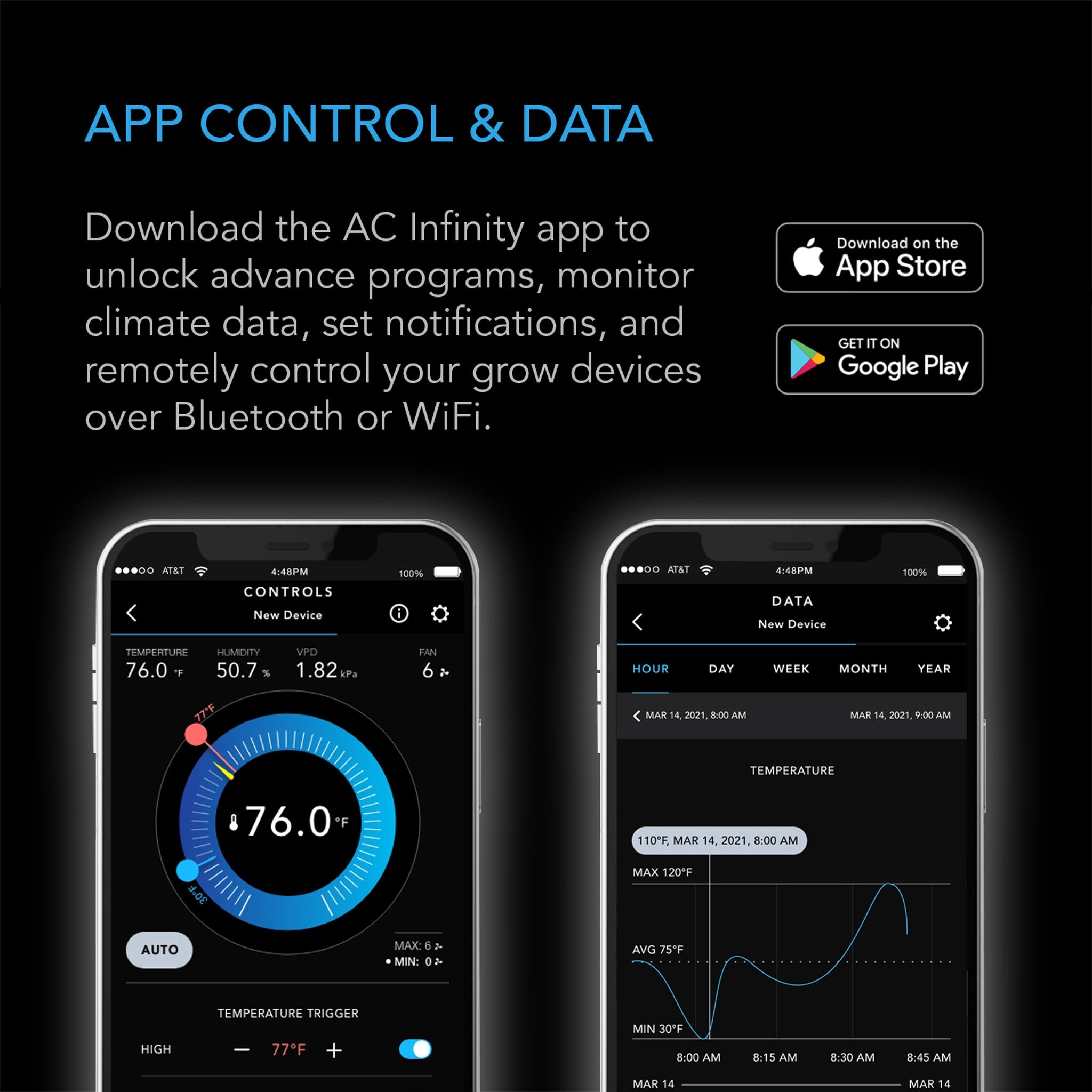 Two smartphones showing the AC Infinity app interface for monitoring and controlling hydroponic grow equipment settings.
