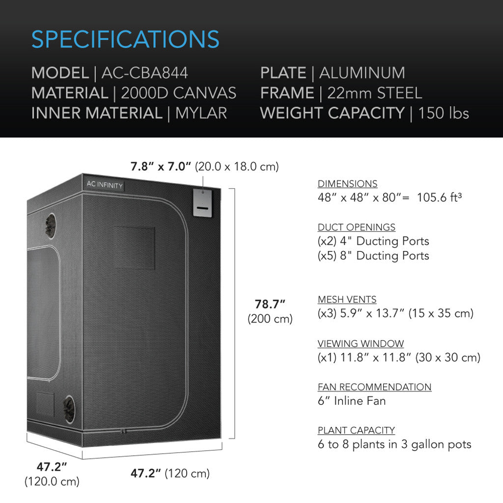 Specifications graphic for a 4x4' AC Infinity grow tent made of black 2000D canvas with a sturdy steel frame.