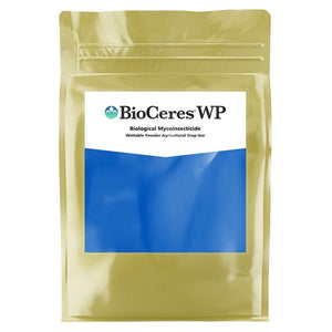 A 1lb gold, resealable pouch of BioCeres WP, a biological wettable powder insecticide for agricultural crop use.