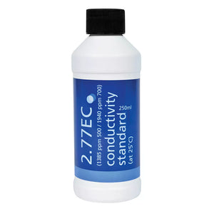 A white plastic bottle with a black cap and blue label containing Bluelab 2.77 EC hydroponic calibration solution.