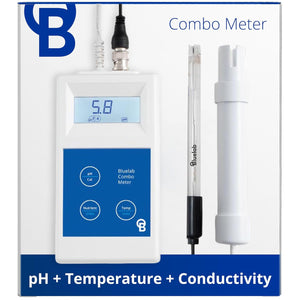 Bluelab Combo Meter for hydroponics: white digital handheld device with two probes for measuring pH, temp, and EC/PPM.