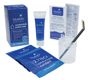 Bluelab Conductivity Probe Care Kit with blue cleaning tube, calibration sachets, plastic cup, and chamois cloth.