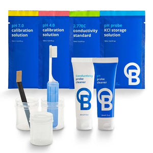 Bluelab Probe Care Kit featuring calibration solutions, probe cleaners, storage solution, a brush, and clear sample cups.