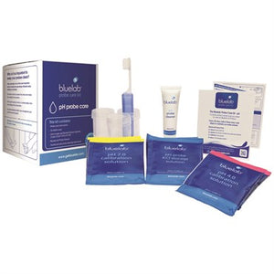 Bluelab pH probe care kit featuring cleaning solution, calibration sachets, plastic cups, and a brush in branded packaging.