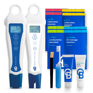 Bluelab waterproof pH and conductivity pens with digital displays, calibration packets, cleaning tools, and solutions.