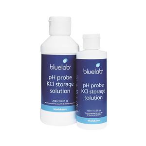 Two white bottles of Bluelab pH probe KCl storage solution for maintaining sensor health, isolated on a white background.