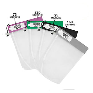 Four Bubble Magic mesh extraction bags in various colors and micron sizes for botanical filtration.
