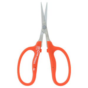 Chikamasa B-500SR garden scissors with sharp metal blades and ergonomic orange plastic handles for precision trimming.