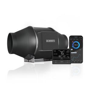 Black AC Infinity Cloudline T4 inline duct fan with digital controller and smartphone app for climate control.