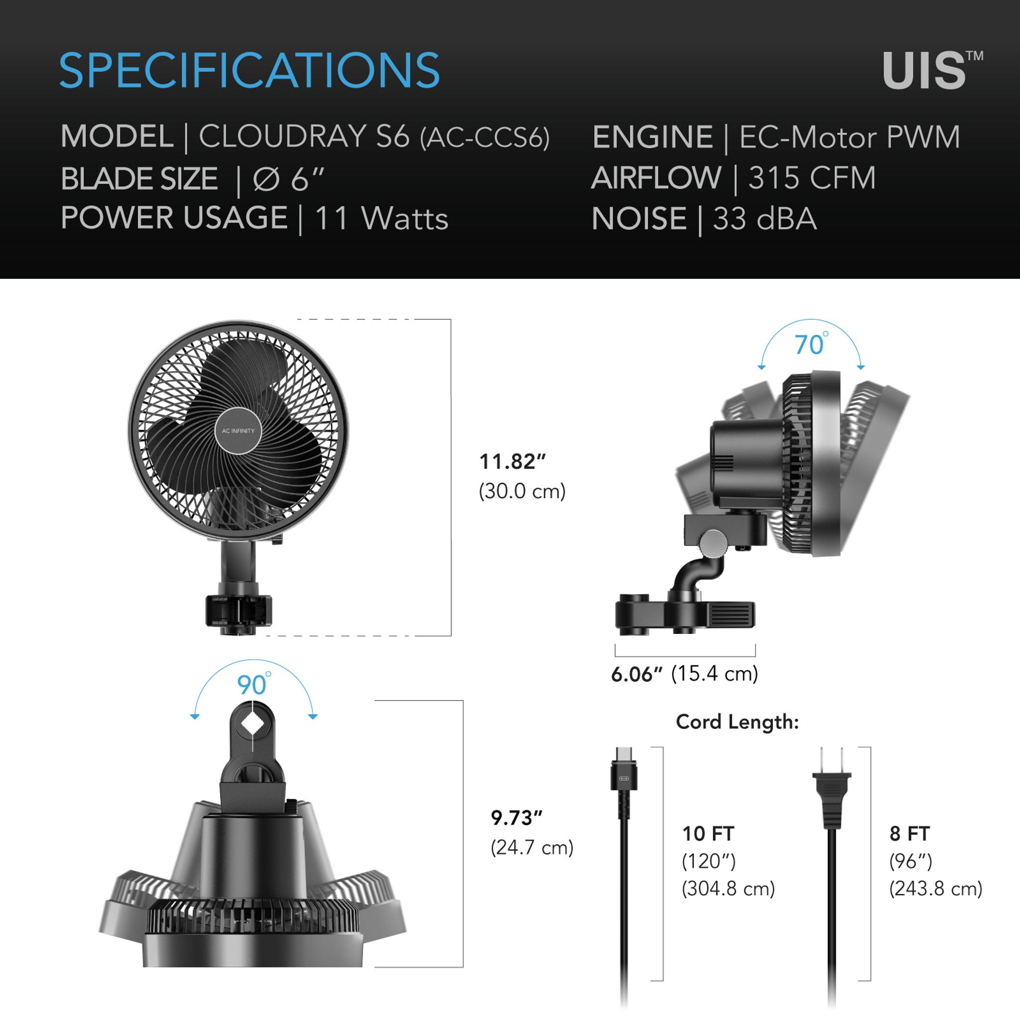 AC Infinity Cloudray S6 Gen 2 Oscillating Fan