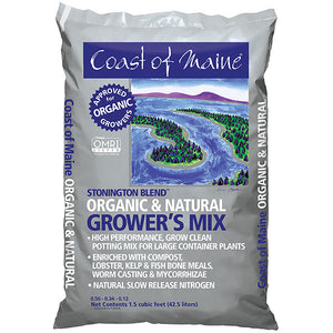 A 1.5 cubic foot bag of Coast of Maine Stonington Blend organic potting mix with coastal artwork on a grey background.