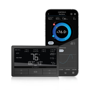 Black AC Infinity Controller 69 Pro+ with digital display beside a smartphone app interface for grow room climate control.