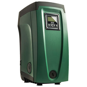 Green and black DAB Esybox electronic water pressure booster pump with a digital display panel on an isolated background.