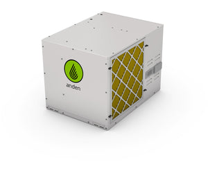 White Anden A320V1 industrial dehumidifier with a green logo and yellow pleated air filter on a white background.
