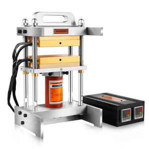 Dabpress 12-ton commercial rosin press with gold anodized 4x7 plates, red hydraulic jack, and a digital temp controller.
