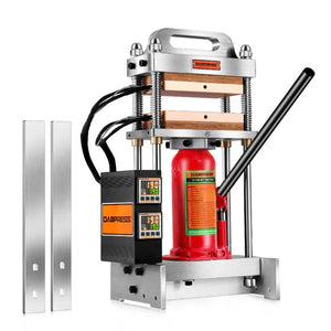 Dabpress 12-ton rosin press with red hydraulic jack, digital heat control box, and two 4x7-inch heating plates.