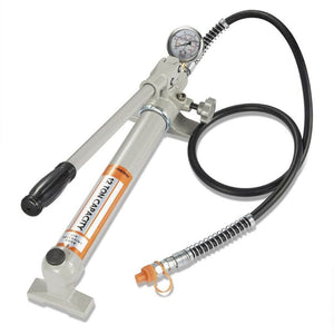 Dabpress grey metal hydraulic hand pump with pressure gauge and black hose for 10 or 12-ton rosin presses.