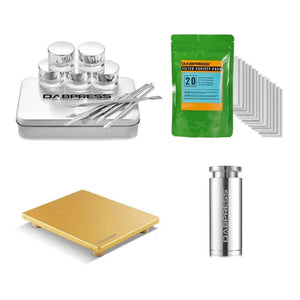 Dabpress rosin press kit includes a gold cold plate, prepress mold, collection tools, jars, and a bag of filter screens.