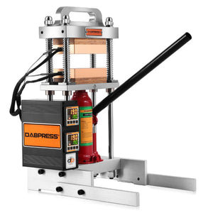 Dabpress 4-ton manual rosin press with 3x5-inch heated plates, red hydraulic jack, and digital temperature controller.