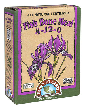 5 lb box of Down To Earth Fish Bone Meal 4-12-0 fertilizer, featuring purple irises on a tan and green background.