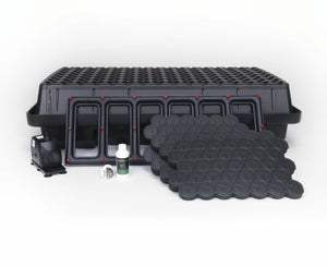 EZ Clone 128-site hydroponic cloning system with black plastic reservoir, pump, plant collars, and nutrient solutions.