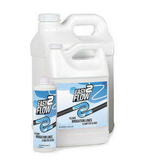 Easy2Flow bottles of irrigation line and emitter cleaner in white plastic containers with blue and white labels.
