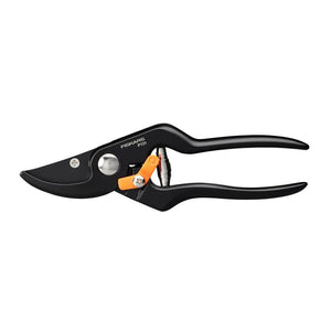 Black Fiskars P131 bypass pruner with a metal blade and orange lock mechanism for precise garden trimming.