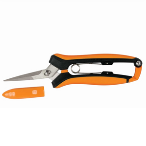 Fiskars orange and black micro-tip pruning snips with a protective cap, used for precision gardening and trimming.
