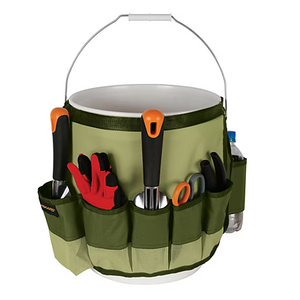 Olive green fabric garden bucket caddy with pockets, organized with tools and gloves. Bucket not included.