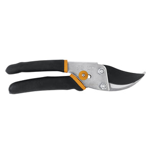 Fiskars bypass pruner with a sharp steel blade and black non-slip handles, designed for precise garden trimming.