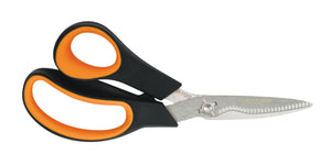 Fiskars vegetable shears with black and orange handles and stainless steel serrated blades for gardening.