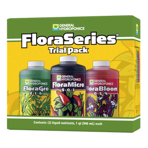 General Hydroponics FloraSeries trial pack featuring three colored bottles of hydroponic liquid nutrients in a green box.