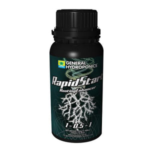 Black bottle of GH RapidStart rooting enhancer with a dark label featuring a white root graphic and text.