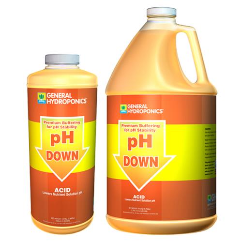 Two orange and yellow bottles of General Hydroponics pH Down liquid for adjusting hydroponic nutrient solution acidity.