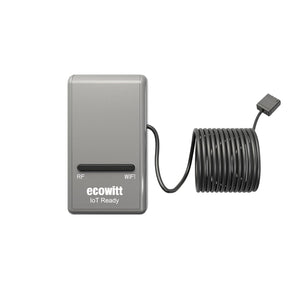 Grey Ecowitt GW1200 Wi-Fi gateway with a black coiled cable, designed to connect wireless sensors for IoT monitoring.