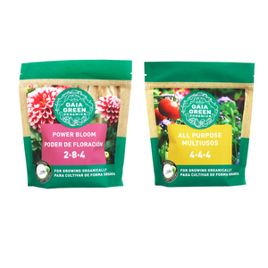 Two Gaia Green organic dry fertilizer pouches: pink Power Bloom (2-8-4) and yellow All Purpose (4-4-4) on white.